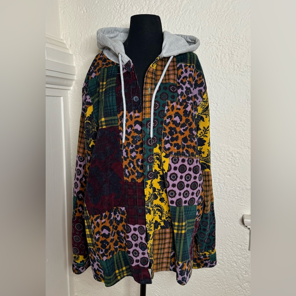Urban Outfitters Corduroy Patchwork multi print Shirt/ Shacket/ Hoodie sz L
